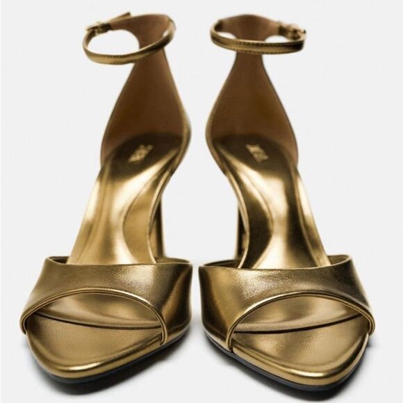 ZARA ANKLE STRAP HEELED METALLIC SANDALS - Picture 5 of 10